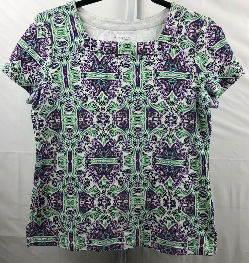 Kim Rogers Top Women Petite PS Green Purple Geo 100% Cotton Stretch Square Neck